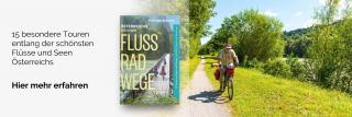 Radfahrer am Fluss. Link zum Buch Flussradwege.
