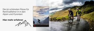 Rennradfahrer in den Alpen. Link zum Buch 50 legendäre Pässe. 